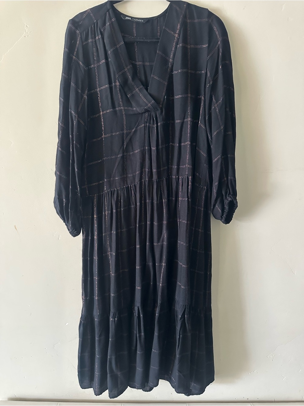 Zara Black Midi Dress with Pink Windowpane Lines